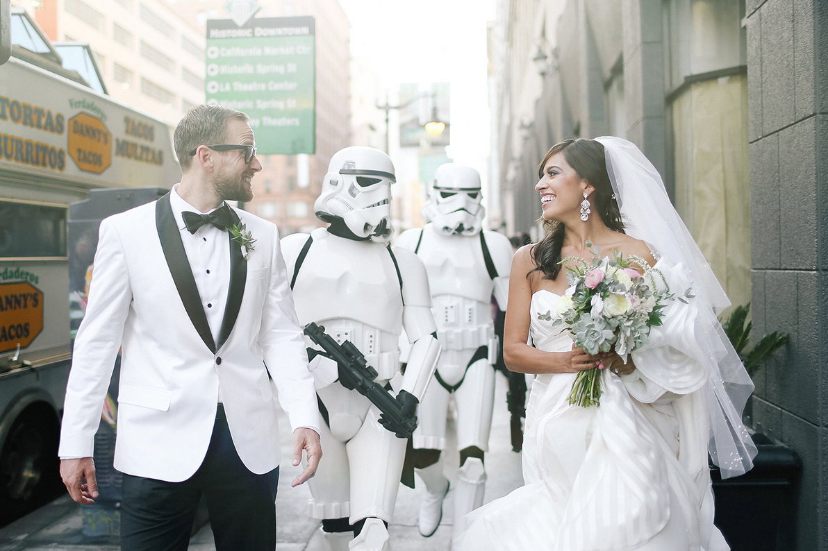 Geeky wedding party fashion, star wars, storm trooper