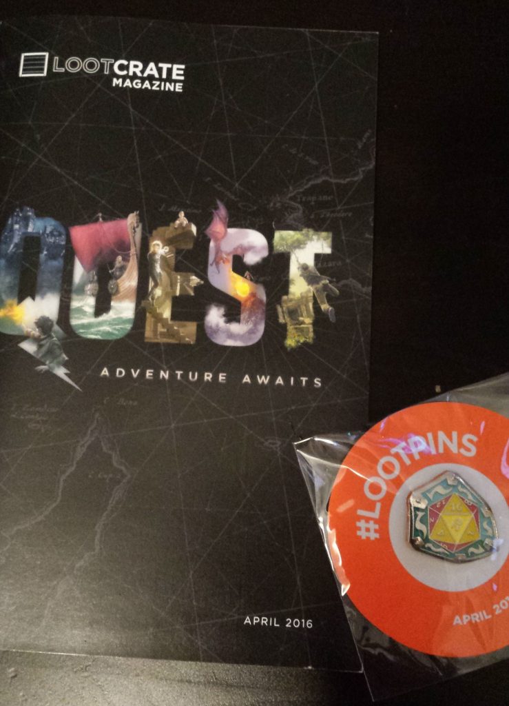 Loot crate magazine and pin, april loot crate, d&d, loot crate unboxing, april's loot crate 2016, quest