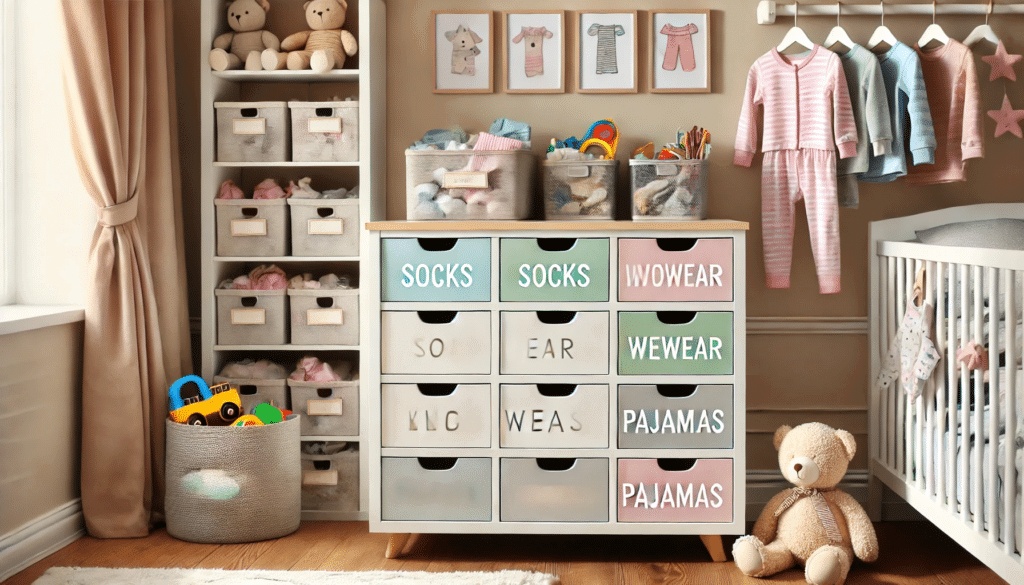Geek insider how to organize and store your child’s growing wardrobe 2 White dresser featuring pastel-colored labels on drawers marked socks, underwear, and pajamas.
