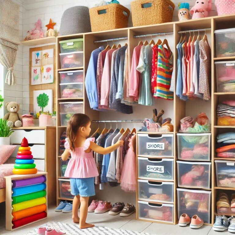 Neatly organized child's closet with colorful clothes and storage solutions