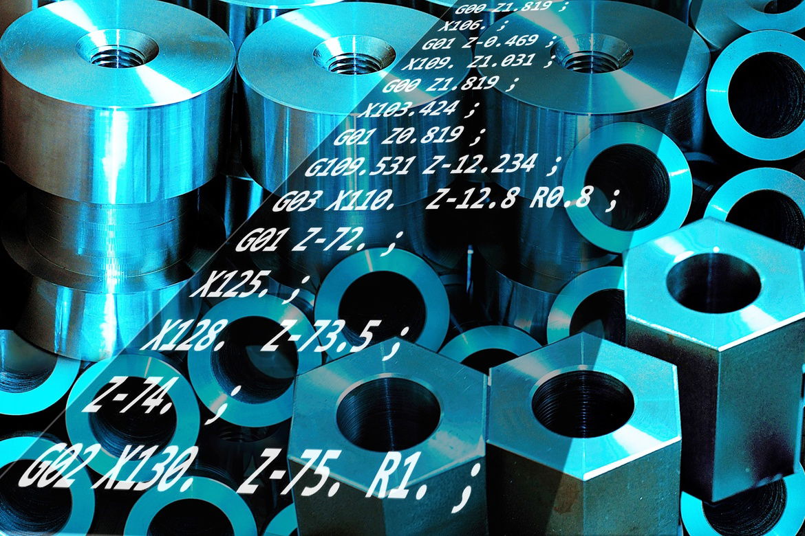 A scrolling text in the g-code programming language in white text over images of small metal components.